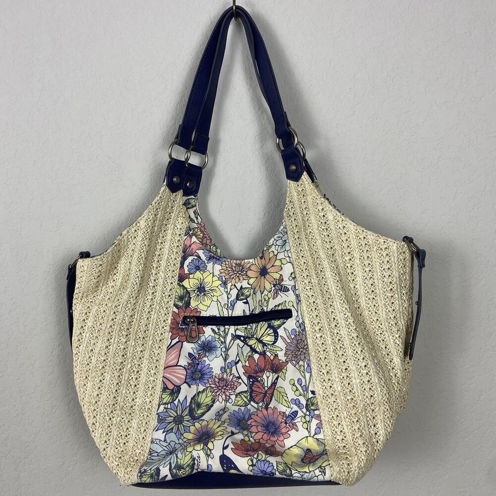 Sakroots Roma Woven Straw Canvas Shopper Bag Purse Floral Butterfly Design Blue